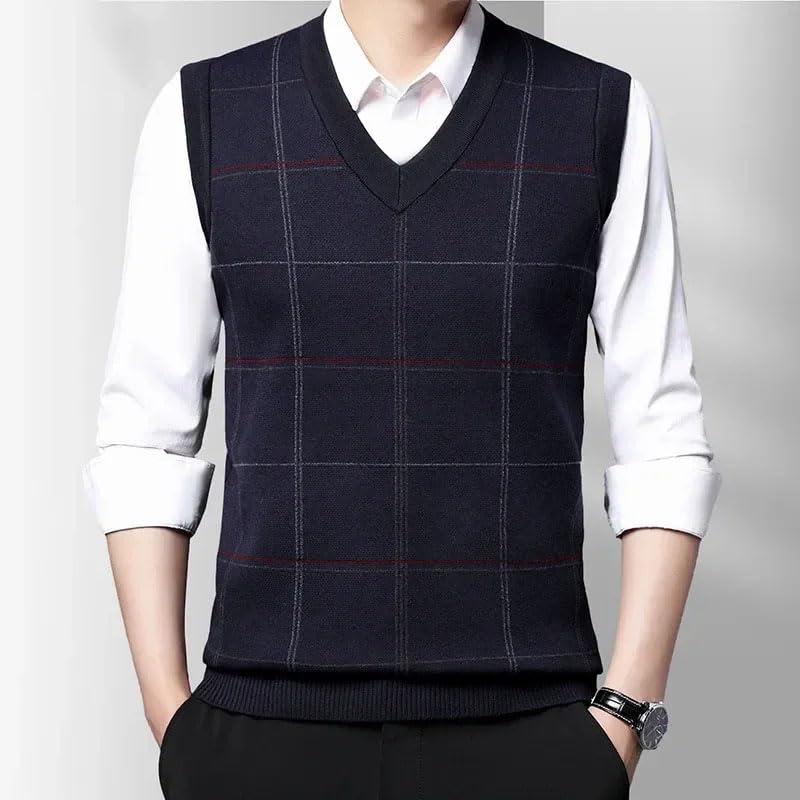 Men's Business Sweater Vest Sleeveless Checkered Casual Knitted V Neck Pullovers Sweater Tank Tops3