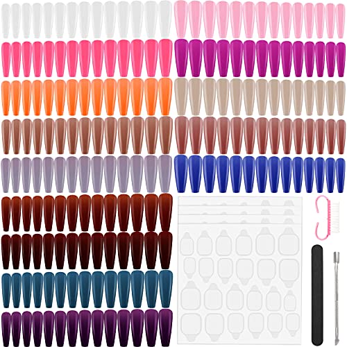 336 Pieces Extra Long Coffin Press on Nails Full Cover Ballerina Artificial False Nails with 96 Pieces Double-Sided Fake Nail Adhesive Tabs, Nail Files, Goat Brush, Cuticle Pusher (Basic)