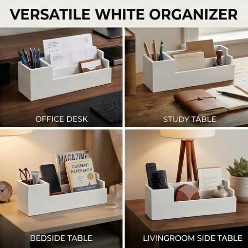 Image of Wooden Desk Organiser with Pen Holder, Mobile & Tablet Stand, Card Holder - Multi-Compartment Office Desk Organizer for Study Table, Bedside Table & Living Room | White Finish