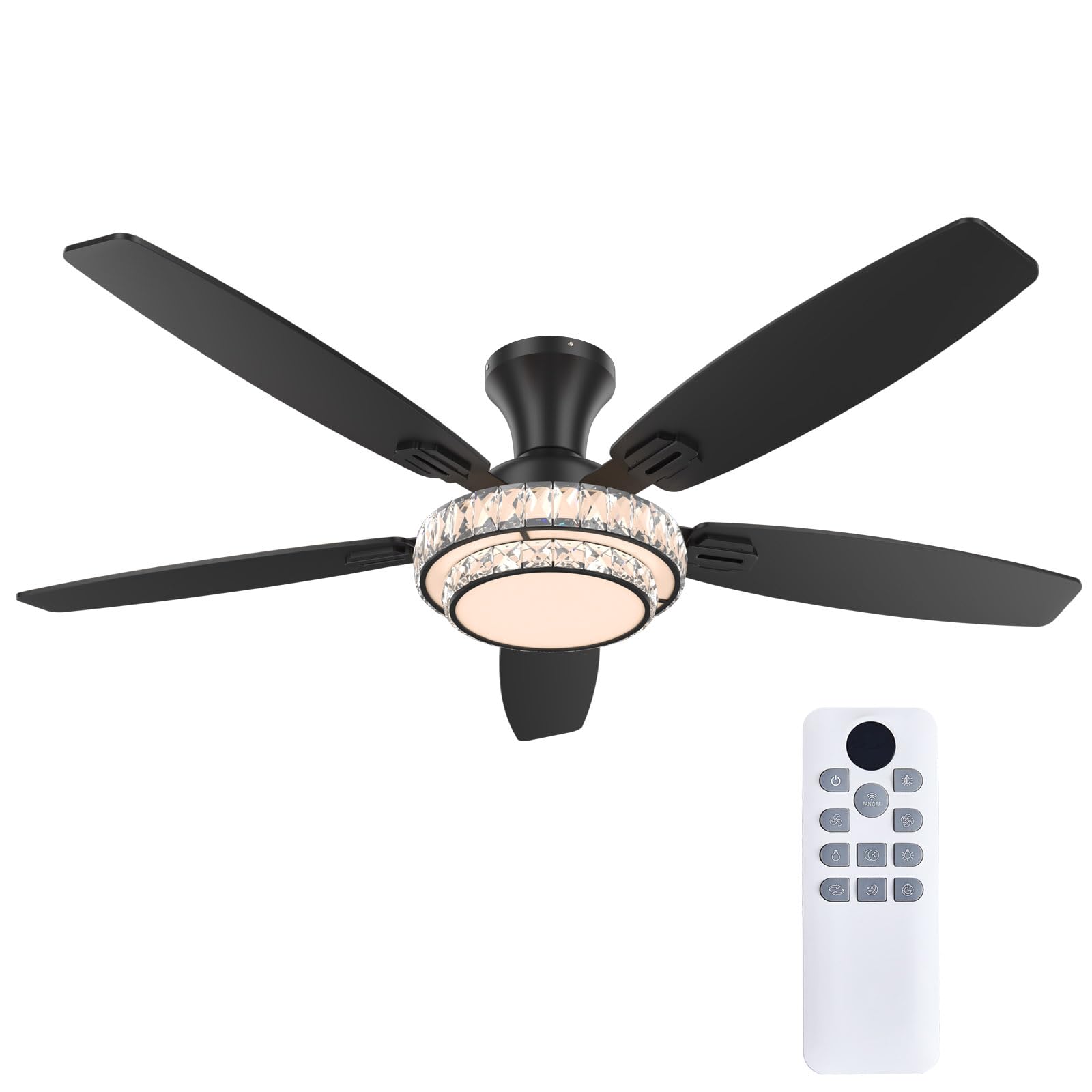 Photo 1 of Fanyank Ceiling Fans with Lights - Crystal Ceiling Fan, 52" Low Profile and Remote Control, Flush Mount, Reversible, 3CCT, Dimmable, Noiseless, Black Ceiling Fan for Bedroom