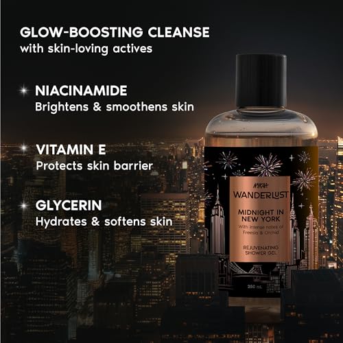 Image of Nykaa Wanderlust Midnight in New York Hydrating Body Wash - Orchid & Musk Scented Body Cleanser with Niacinamide & Vit. E - 250ml Shower Gel for Men and Women