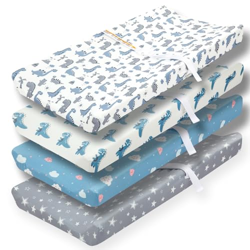 Image of 4 Pack Soft Baby Boy Sheets Dinosaur Star Cloud Soft Polyester Neutral Unisex Fitted Sheets Set for Baby Boys