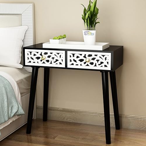 Image of Bed Side Table with 2-Drawer Nightstand, Carved Drawer Design Accent or End Table with Storage with Carving Design (Black & White) Engineered Wood
