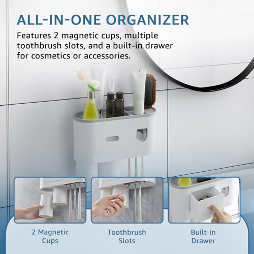 Image of Amazon Basics Toothpaste Dispenser and Toothbrush Holder | Wall-Mounted | 2 Magnetic Cups | Built-in Drawer | White | 27.3L x 10W x 21H cm