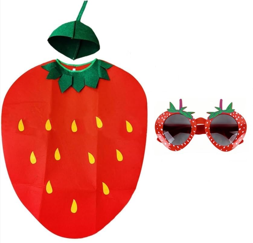Costume de Fraise Adulte, Ensemble Déguisement Fruit avec Chapeau Robe et Lunettes, Tenue Hilarante Tissu Non Tissé Léger Taille Unique, Costume Créatif pour Halloween Fête à Thème Cosplay Jeu de Rôle