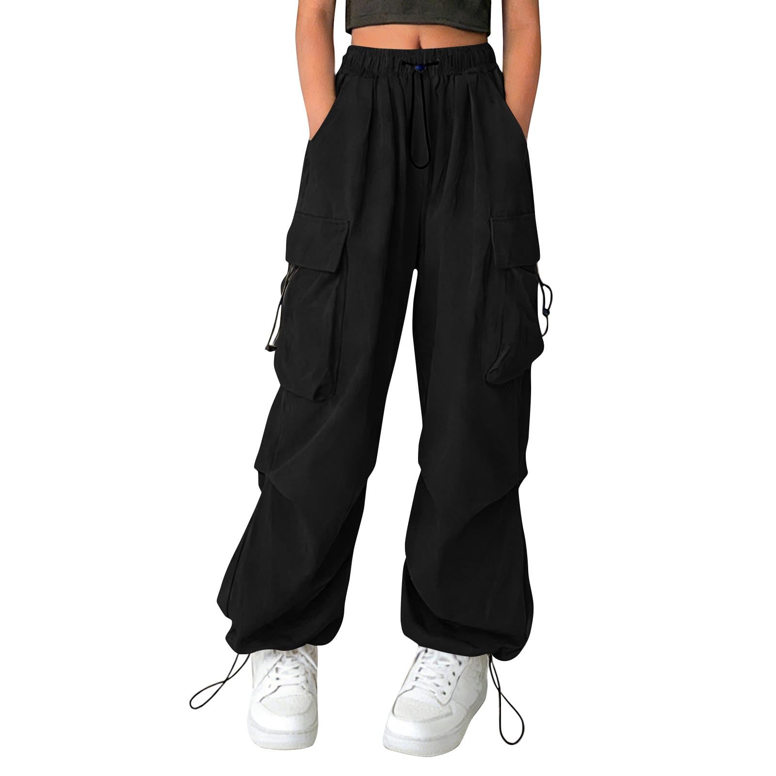 Girls Parachute Cargo Pants High Waisted Baggy Casual Y2K Trouser Kids Wide Leg Hip Hop Streetwear with Multi Pocket - 1