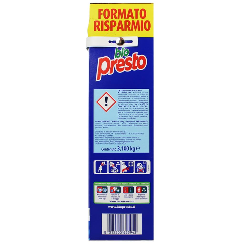 Detersivo Bio Presto Detersivo Polvere Classico - Detergente en polvo elimina las manchas rápidamente, proporciona una frescura duradera, 62 lavados, 3100 g + llavero Beni Culinari gratuito