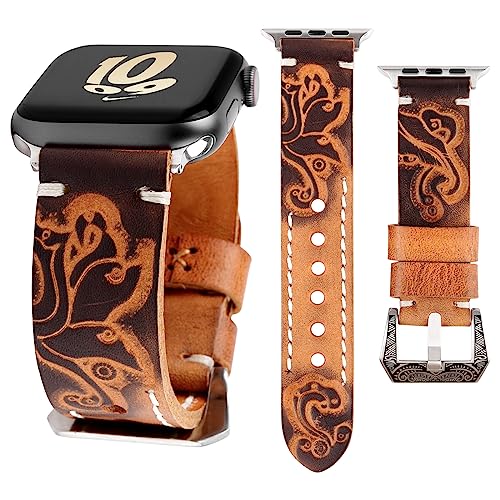 WONJOY Compatible with Apple Watch Band 44mm 45mm 42mm 40mm 41mm 38mm iWatch Series SE/9/8/7/6/5/4/3/2/1, Retro Leather Handmade Strap Engraved Floral Pattern Buckle for Men Women (Orange, 38/40/41mm)