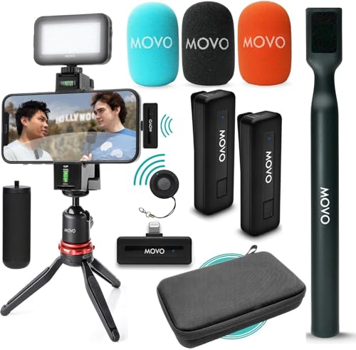 Movo iVlogger Wireless Vlogging Kit for iPhone with Dual Wireless Lavalier Microphone, Tripod, Phone Mount, LED Light, Wireless Remote, and WHX-HM Mic Handle - Wireless YouTube Starter Kit for iPhone