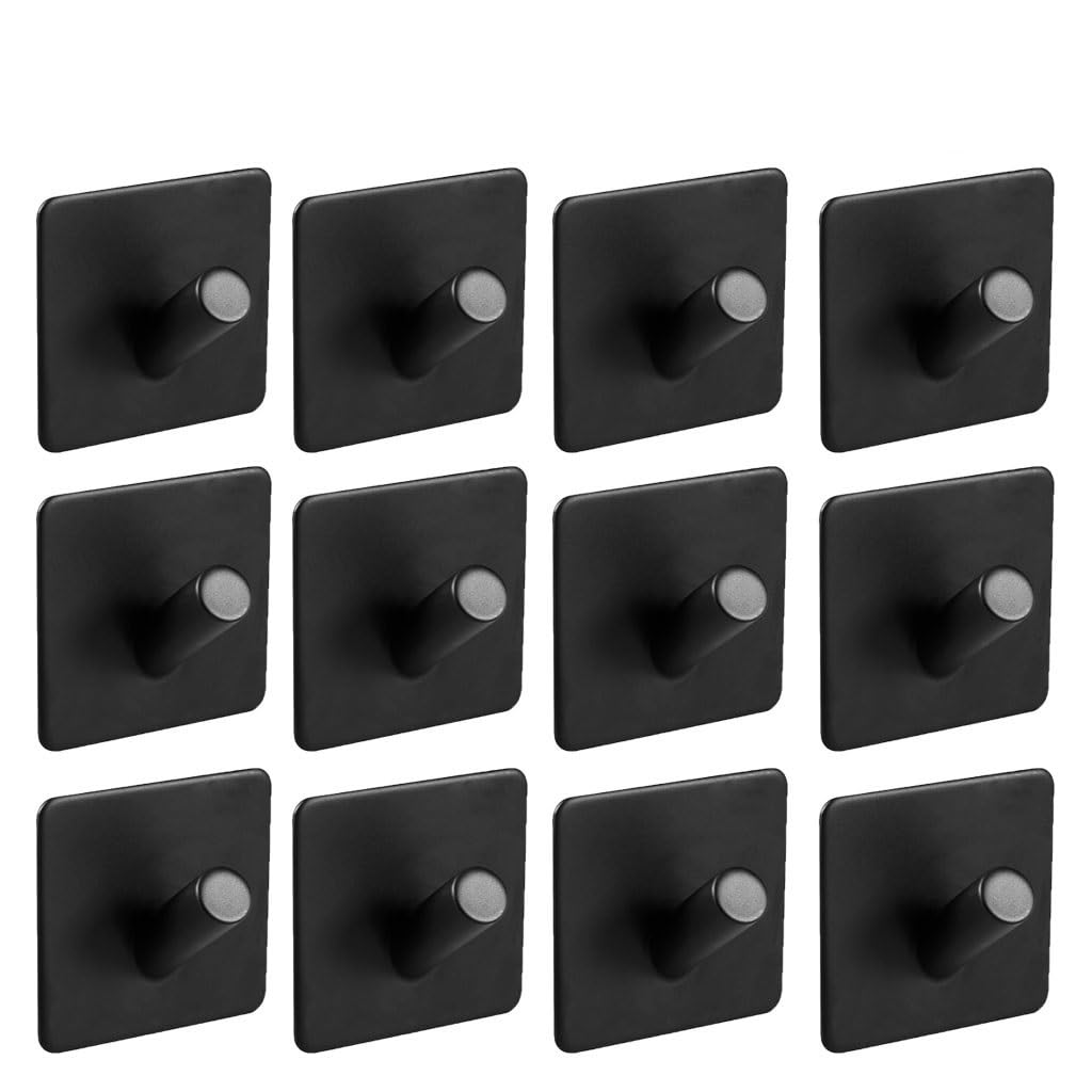 DXTFDHB Self Adhesive Hooks, Kitchen Bathrooms Towel Hooks, Wall Stainless Steel for Robe, Coat, Towel, Keys, Bags Heavy Duty Hook (Pack Of 12)(Black2)
