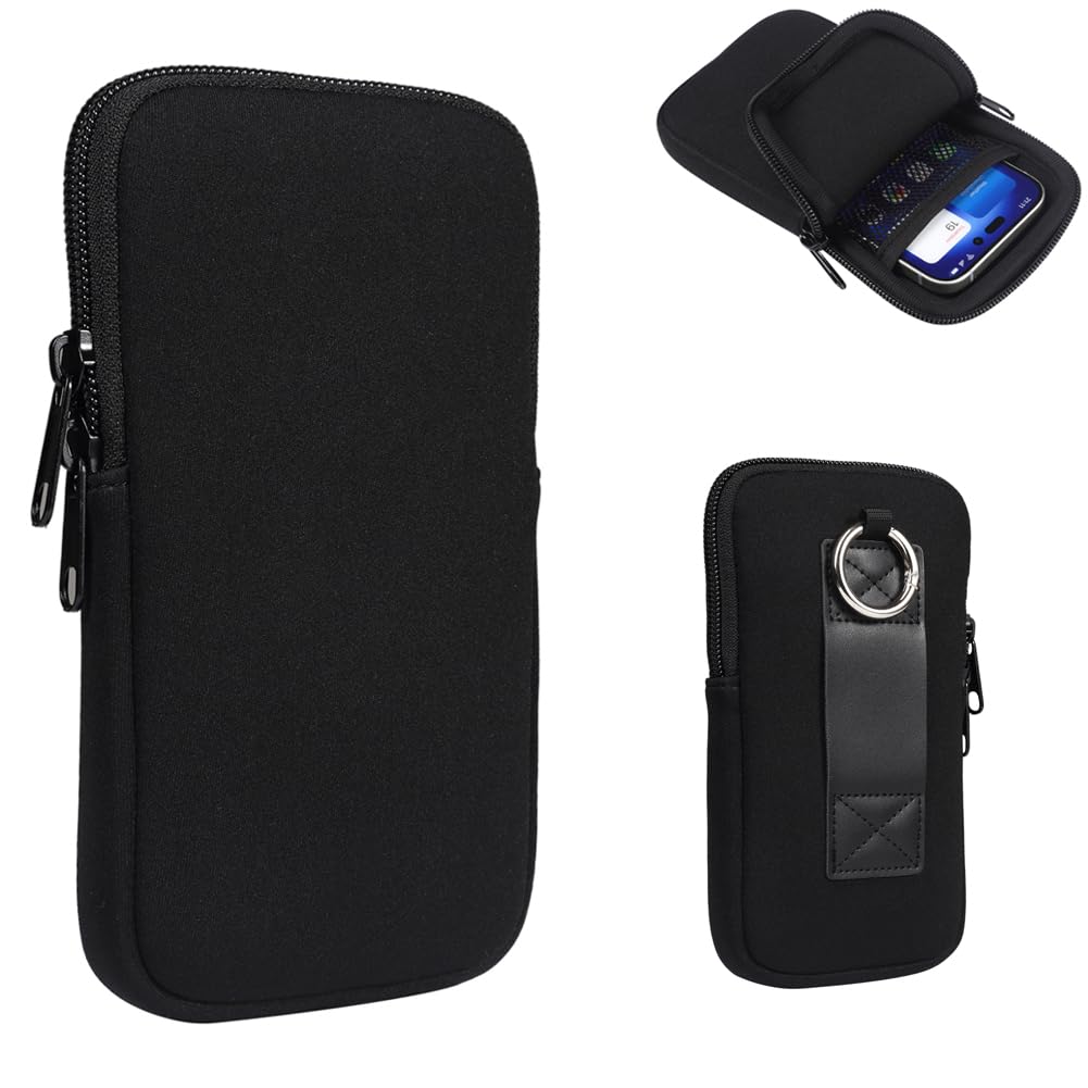 Neoprene Shock Proof Pouch Cell Phone Sleeve Case Zip Wallet Belt Loop Holster for iPhone 16 15 Pro 14 13 12 11 Pro iPhone 13 Mini 12 Mini SE X 8 Galaxy S24 S23 S22 A10e Google Pixel 5 4a 4 (Black, M)