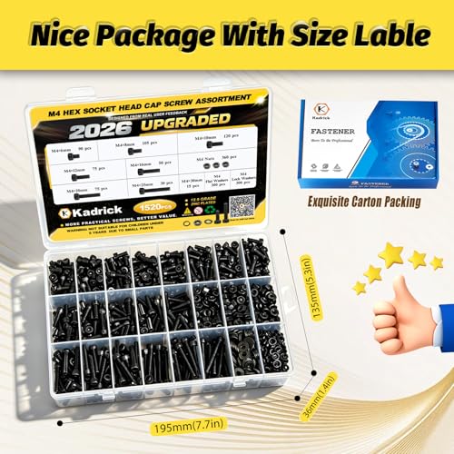 Image of Kadrick M4 Screws Kit 1520PCS, M4x6MM-25MM Bolts with Nuts,Washers & Hex Wrench, Optimized Size Distribution, Class 12.9 Socket Head Cap M4 Screws, Black Zinc Plated, for Mechanical, Repair & DIY