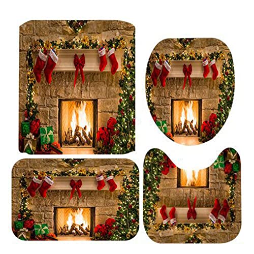 Hongjingda Juego de Cortina de Ducha para Chimenea de Navidad, Cortina de Ducha de Feliz Navidad, Cortina de Ducha de Media de Nochebuena, con alfombras y tapetes, para decoración de baño Cover