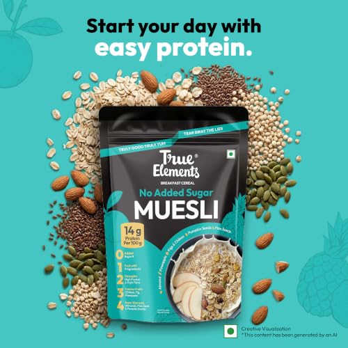 Image of True Elements Muesli Sugar Free 1.2 kg - 100% Wholegrain Muesli | No Added Sugar | Diet Food for Weight Management | Healthy and Quick Breakfast | Millet Muesli - 18% Jowar | HIgh Protein