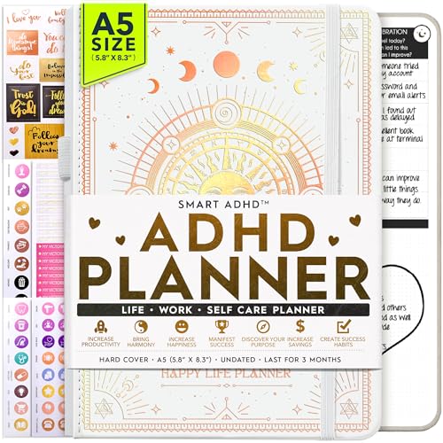 Adhd Daily Planner - A Self Care Personal Gratitude Journal to Increase Productivity and Success in Life & Work, Weekly & Monthly Undated Planner for Women and Men, Vision Board & Organizer + Stickers
