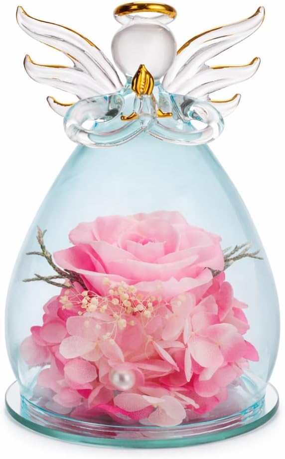 Preserved Rose Angel Gift for Women, Glass Dome Eternal Rose with Angel Figurine, Romantic Gifts for Wife Mom Girlfriend, Birthday Valentine’s Day