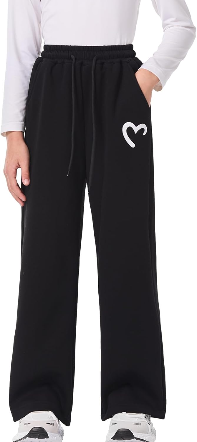 Hvididan Girls Wide Leg Sweatpants Drawstring High Waist Baggy Track Pants Cute Print Sweatpants with Pockets for Teen 5-14Y