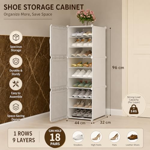 Image of Mevigo Plastic Shoe Rack for Home with Door | 9-Tier Stackable Shoe Organizer | Holds 18 Pairs | Waterproof & Dustproof | DIY Modular Shoe Cabinet | Chappal Slipper Stand for Bedroom, Entryway | Grey