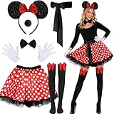 7 Pcs Mini Mouse Costume for Girls Women, World Book Day Fancy Dress Costume for Adult, Mouse Ears Headband Tutu Skirt Nose Bow Tie Gloves Sock Black Ribbon for Cosplay World Book Day Dress up