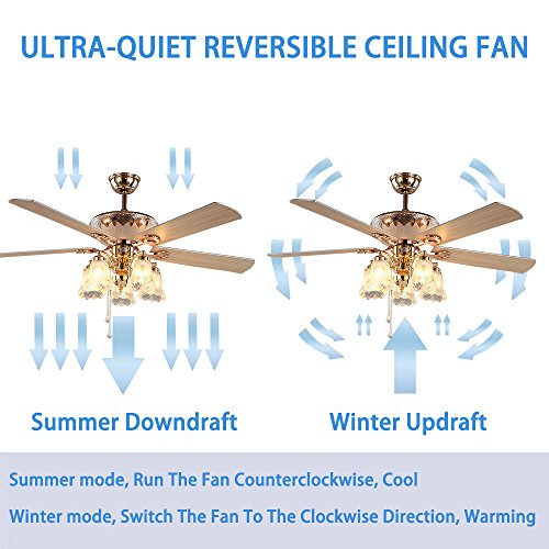 Anfersonlight Modern Ceiling Fan With 5 Reversible Blades 5 Frosted Light Kit And Remote Control, Quiet Fan, Ecological Chandelier Fan, Golden Finish, 52-Inch (Classic) #TOP4