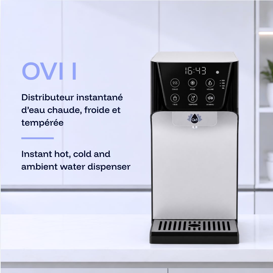 OVI I Distributeur d’Eau Chaude, Froide & Tempérée Instantané | Fontaine à Eau Filtrée 4 Étapes Anti-Bactéries & PFAS | Connexion Directe | Idéal Famille & Bébé | Noir