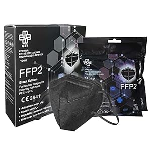 FFP2-mondkapje zwart [Black Edition] doos van 10 stuks met elastieken en aanpasbare neusclip, 5 filterdiktes…