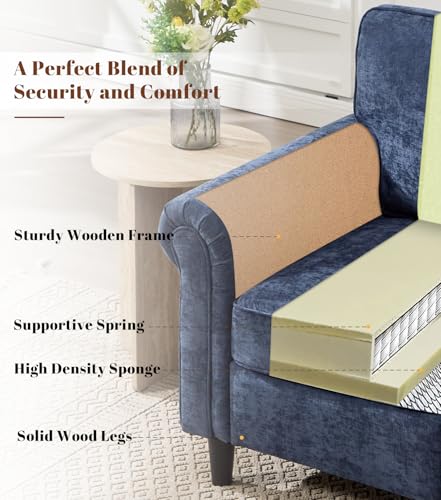 Image of Kingfun Loveseat 2 Seater Couch, Mid Century Modern Chenille Sofa with Rolled Arms and Deep Seats, Fluffy Comfort for Living Room, Apartment, Easy Assembly, Blue