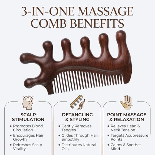 Image of Premium Sandalwood Wooden Massage Comb | Meridian Scalp Massager & Wide Tooth Detangling Comb | Anti-Static Handmade Comb for Head, Neck, Hair & Eye Relaxation | Home Spa Hair Care Tool(ORO-062)