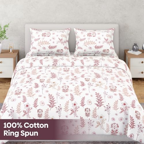 Image of Haus & kinder King Size Bed Sheet Cotton | Woven 100% Cotton Ring- Spun 210 TC Bedsheets for King Size Bed |108 X 108 Inches Bedsheet with 2 Pillow Covers - Whispering Meadows