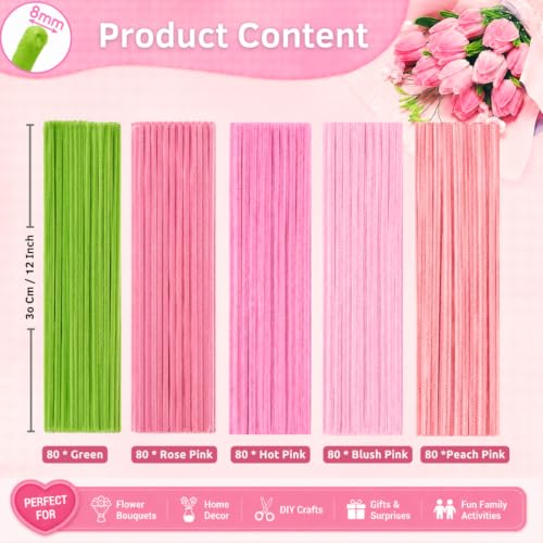 Image of YUNAMI Chenille Stems for DIY Flower Making - 400 Pcs Pipe Cleaners with Floral Wire, Tape, Stamen & Pearls - Premium Bouquet Supplies for Home Decor & Gifting (400, Pink)