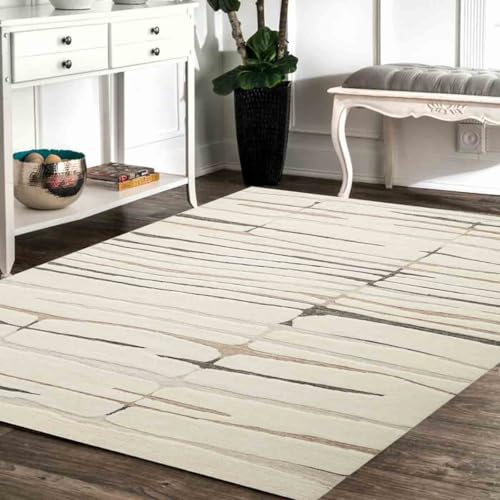 Image of Modern Pattern Wool Carpet with Loop Texture Yarn Anti Shedding Carpet Size 5x8 Feet C1 Ivory & Multi Color