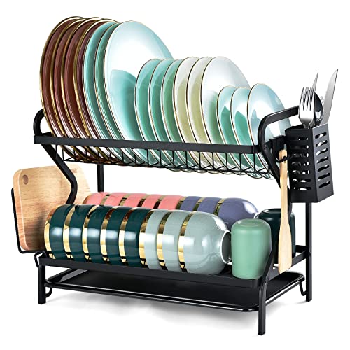 OTraki Egouttoir Vaisselle 2 Niveaux Porte Vaisselle Noir Étendoir à Vaisselle avec Bac Egouttoir et Porte-ustensiles et Support de Planche à Découper Séchoir à Vaisselle