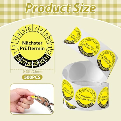 RDTOK 500 Stück Nächster Prüftermin Prüfplaketten 25 mm Ø Gelb, Prüfplaketten für Leitern und Tritte, Mehrjahresprüfplaketten 2026–2031 für Industrie, Maschinen und Elektrogeräte