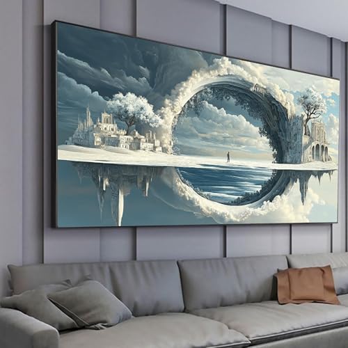 Art mural onirique de salon, peinture de paysage avec arche et château de nuages 50x100cm