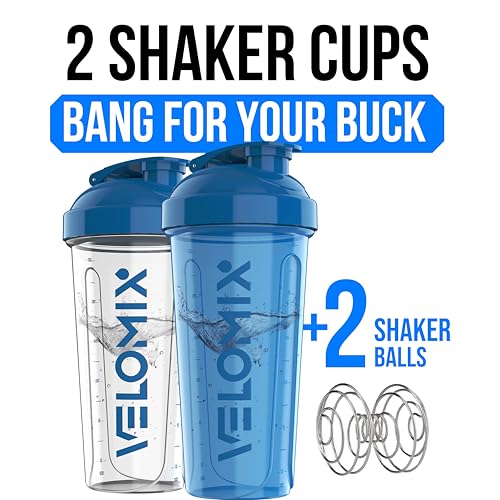 Image of VELOMIX -2 Pack- 28 oz Protein Shaker Bottles for Protein Mixes - 2x Wire Whisk | Leak Proof Shaker Cups for Protein Shakes and Pre Workout | Protein Shaker Bottle Pack (B5) Blue /Transparent