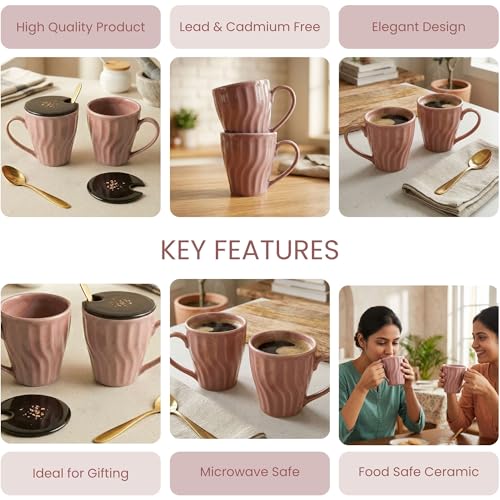 Image of The Earth Store Pink Artisan Wave Coffee Mug with Lid and Spoon Set of 2 | 340ML Ceramic Coffee Mugs Set of 2 | Resin Art Wooden Lid & Golden Spoon | Premium Coffee Mugs for Gift