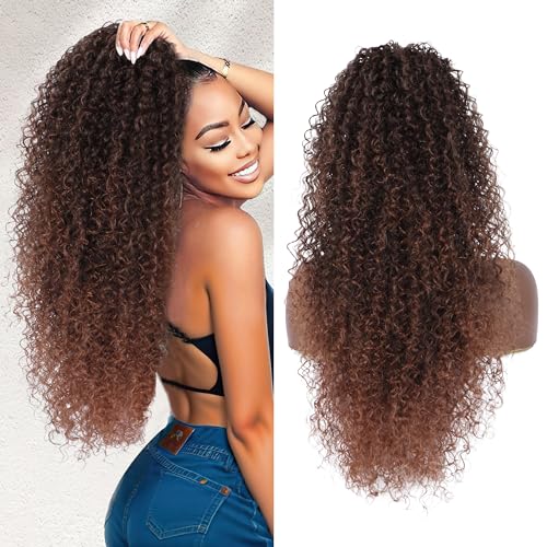 Alebery Extensión de cola de caballo con cordón de 27 pulgadas para mujeres negras, extensión de cola de caballo rizada profunda sintética mezclada con extensiones de cabello humano, cola de caballo