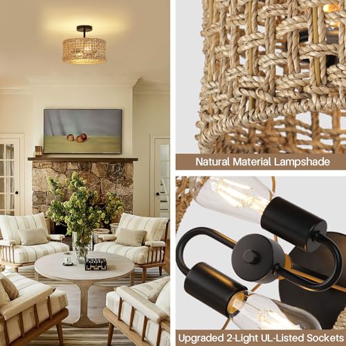 ZORYATA Boho Rattan Ceiling Light Fixture, 12.6" Woven Drum Flush Mount Light, Rustic Farmhouse Wicker Semi Flush Lighting for Bedroom, Kitchen, Living Room, Entryway, Hallway, Modern Coastal Lamp by ZORYATA - Used condition - Image 5
