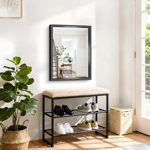 Image of Bathroom Mirror, 18 x 24 inch Brushed Black Metal Frame Rectangular Vanity Mirror, Wall Mounted Rectangle Mirror for Bedroom Living Room, Tempered Glass, Antirust, Horizontally or Vertically