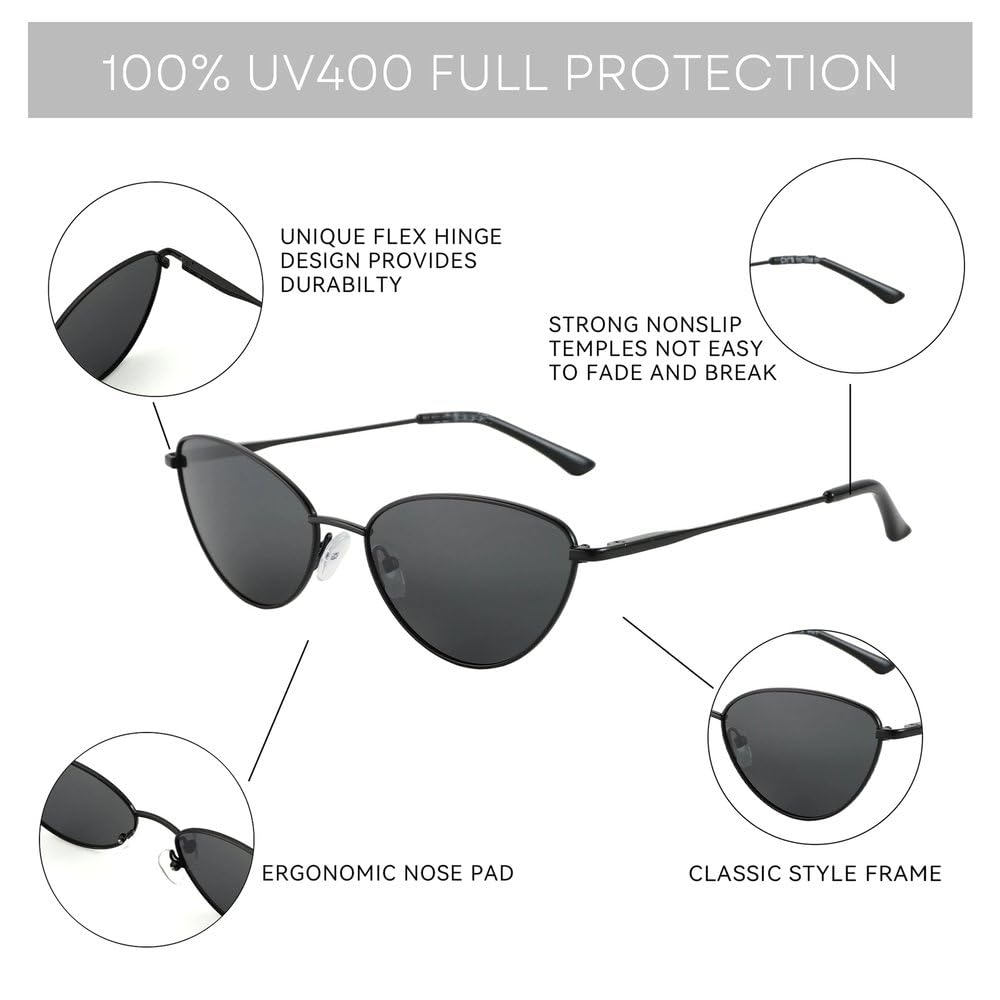 Occhiali da sole vintage piccoli a forma di occhio di gatto, alla moda, con montatura in metallo stretta, occhiali da sole polarizzati, protezione UV al 100% per donna
