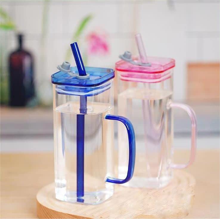 KAHAAN Glass Cups 2 pc - 380 ml Wide Mouth Mason Jar Drinking Glasses with Lids & Straws & Square Color Handle Cup,Beer Glasses, Iced Coffee Glasses, Ideal for Cocktail, Whiskey, Gift.
