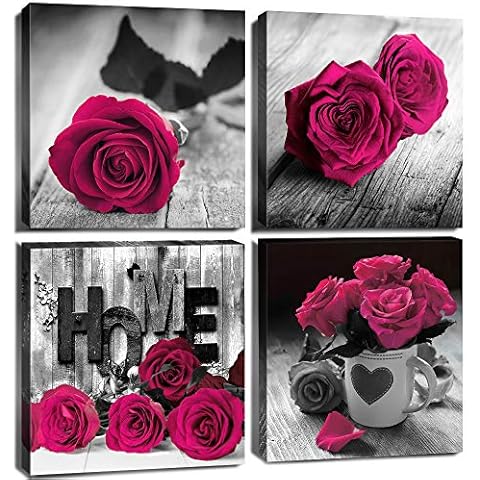 YOOOAHU Black and White Wall Art Living Room Decor Dark Pink Flower Poster Home Decoration Rose Canvas Prints Pictures Floral Love Painting Bedroom Bathroom Modern Aesthetic Artwork 4Pcs/Set 12 × 12" Cover