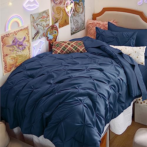 Bedsure Twin Comforter Set Navy - Bed in a Bag Twin Size Bedding 5 Pieces, GentleSoft™ Pintuck Bed Set Gift for Family, Pinch Pleat Navy Comforter with Sheets, Pillowcase & Sham