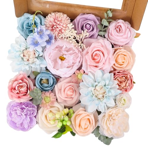 Erhalings Artificial Flowers Combo Pastel Artificial Flowers Pink Blue Fake Flower Bouquet Fake Roses Faux Floral for Wedding Party Cake Decoration Baby Shower Birthday Table Centerpieces