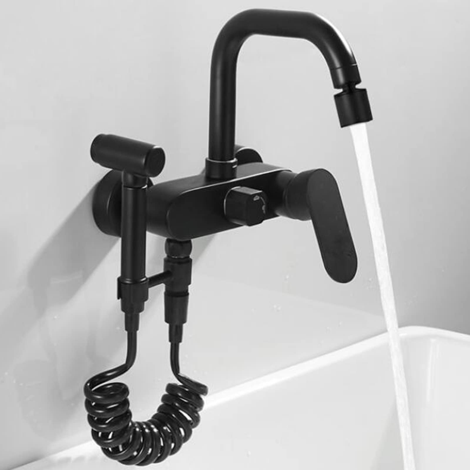 ASerZenith Kitchen Tap Wall Mount, Kitchen Sink Taps Brass Sink Faucet With Spray Gun Hot And Cold Swivel Wall Mount Kitchen Taps-Black