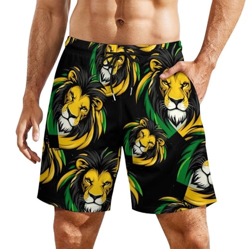 Jamaican Flag Lion Mens Swim Trunks with Quick-Drying Lining Beach Shorts for Outdoor Sports
