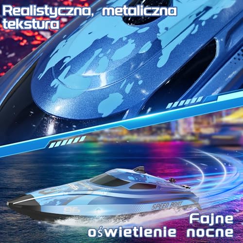 Zdalnie sterowana łódź ze światłem LED, 25 km/h, zdalnie sterowana łódź dla dzieci, 2,4 GHz Speedboot z 2 bateriami do 40 minut odtwarzania, RC Speedboot prezent dla dzieci w wieku od 6 do 8 lat