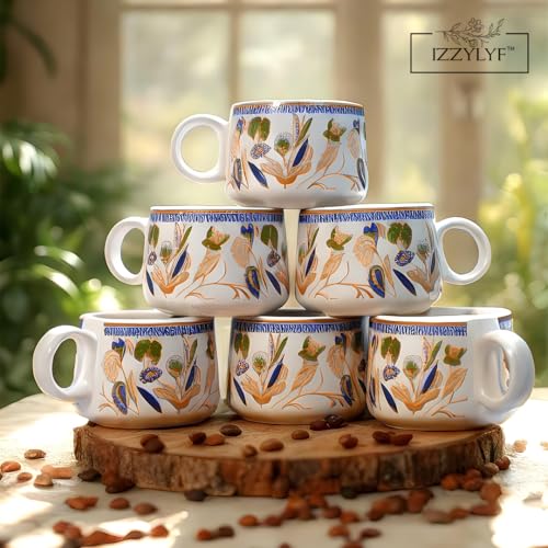 Image of 'Golden Flora' Premium Ceramic Tea Cup Set with Kettle & 6 Cups | Floral Printed Ceramic Cup with Teapot | Handcrafted, Microwave & Dishwasher Safe | Tea Serving Set for Home, Office & Gifting