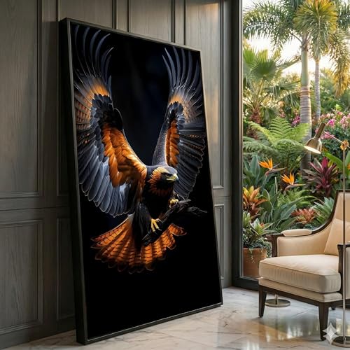 Toile de faucon majestueux en vol nature sauvage et peinture de plumes orange noires 60x105cm