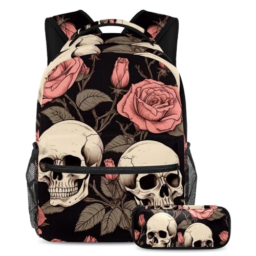 Sac à dos avec trousse rose et crâne ensemble 2 pièces pour enfants